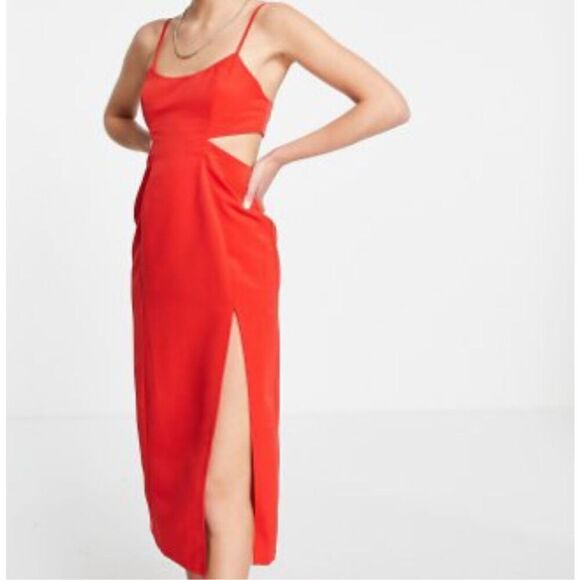 ASOS DESIGN Midi Structured Dress with Cut Out Side Detail and Slit Sz UK 10, US - Picture 1 of 11